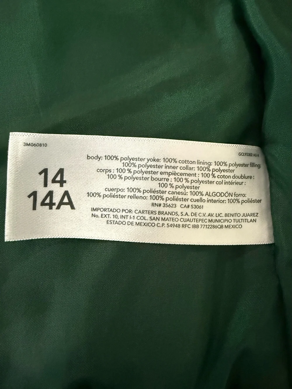 Carter's Dark Green Puffer Vest with Navy Blue Corduroy Yoke